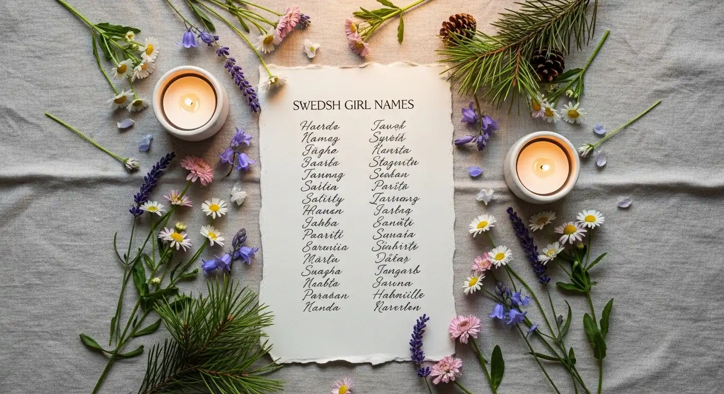 Three cute Scandinavian baby girls with text ‘200+ Swedish Girl Names’ on a soft Nordic pastel background
