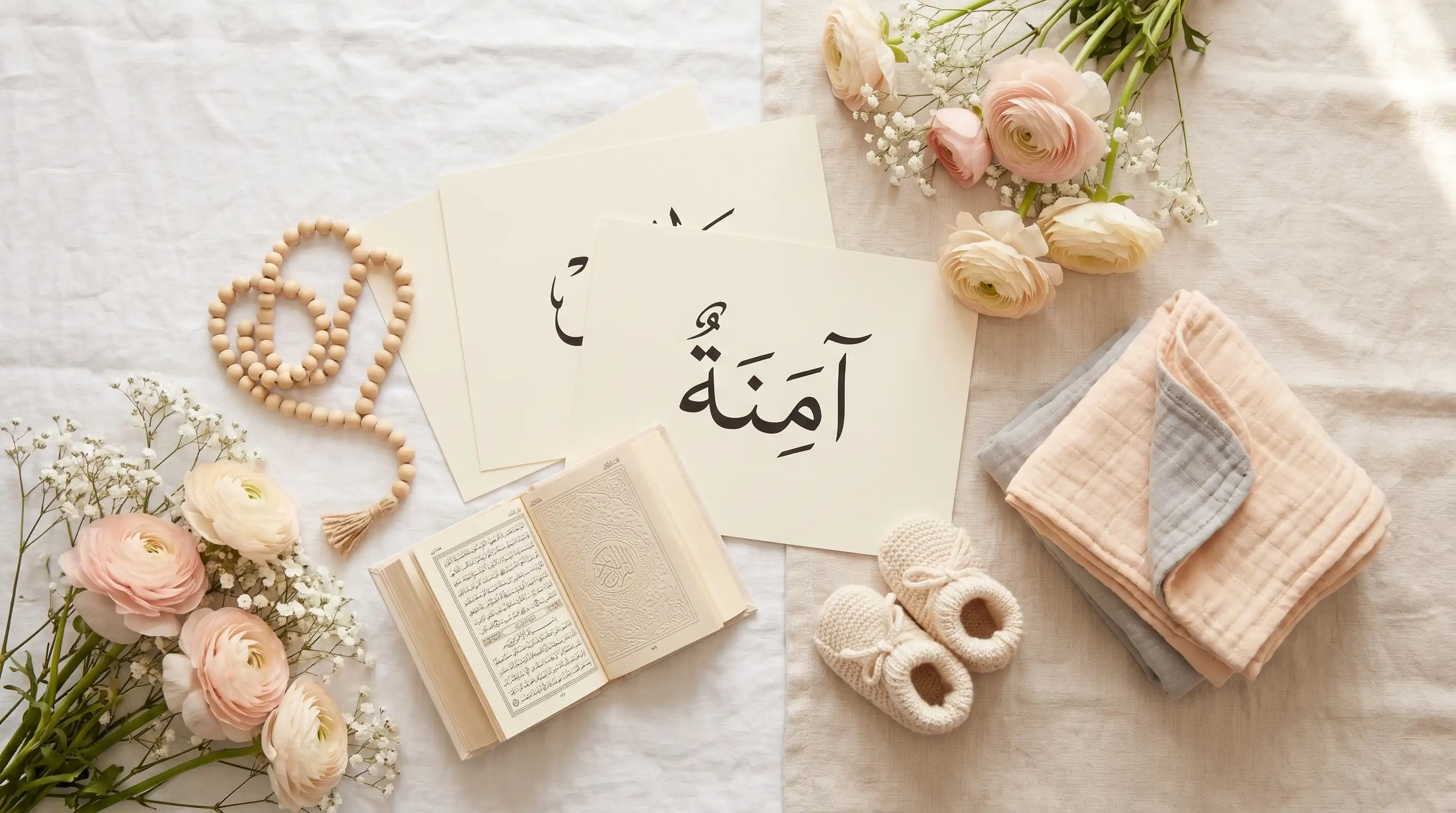 Flat lay of Islamic baby girl naming items with Quran, tasbih and soft pastel theme
