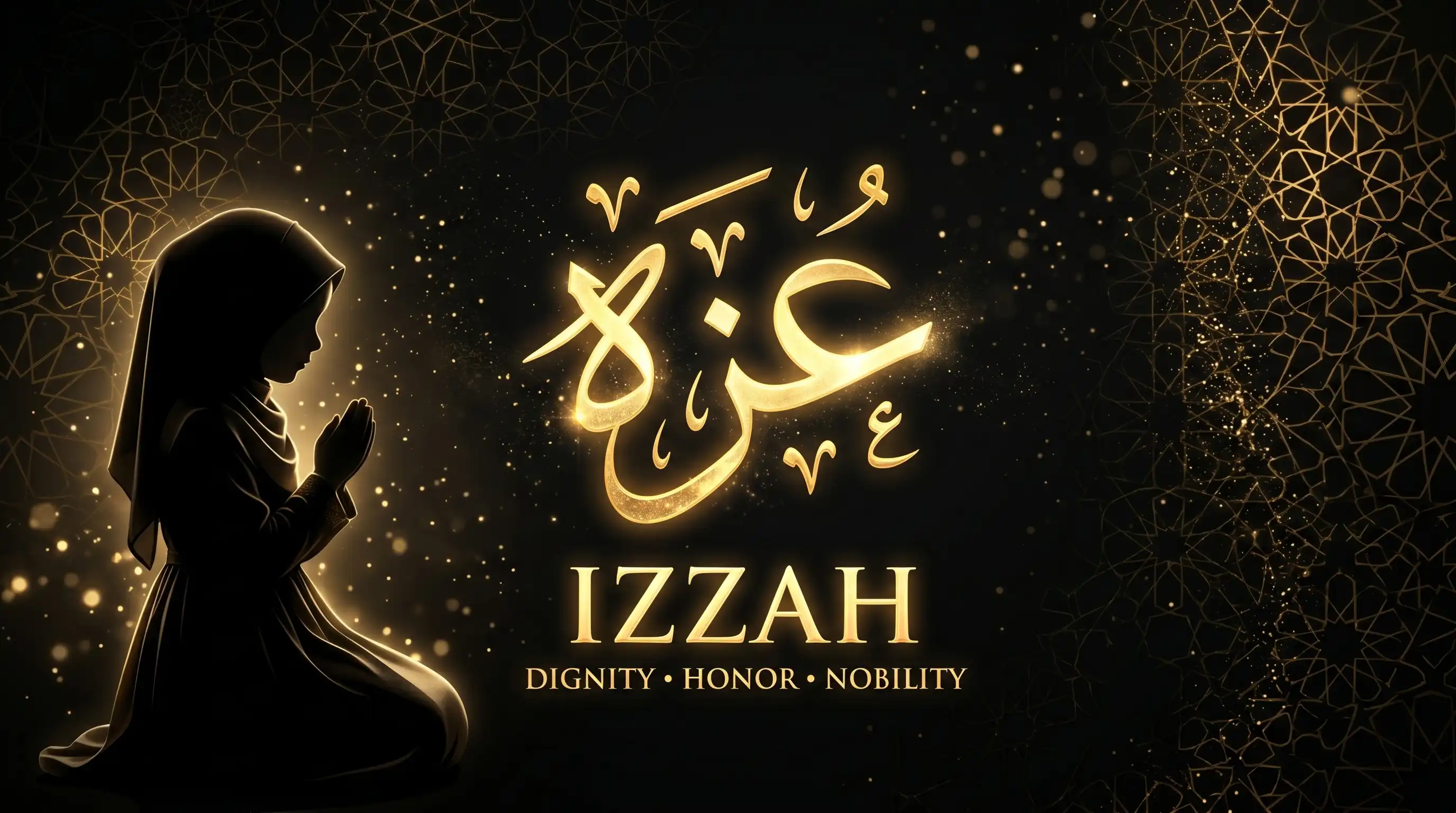 Izzah name meaning in Urdu and Arabic calligraphy with golden Islamic design